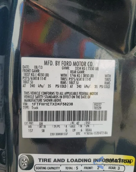 2013 Ford F150 Supercrew from USA, damaged, VIN 1FTFW1ETXDKF58238